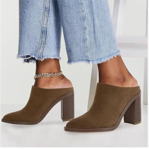 FOWT Women Crocodile Embossed Mules Chunky Stacked Heel Slippers Brown Shoes - Picture 1 of 8